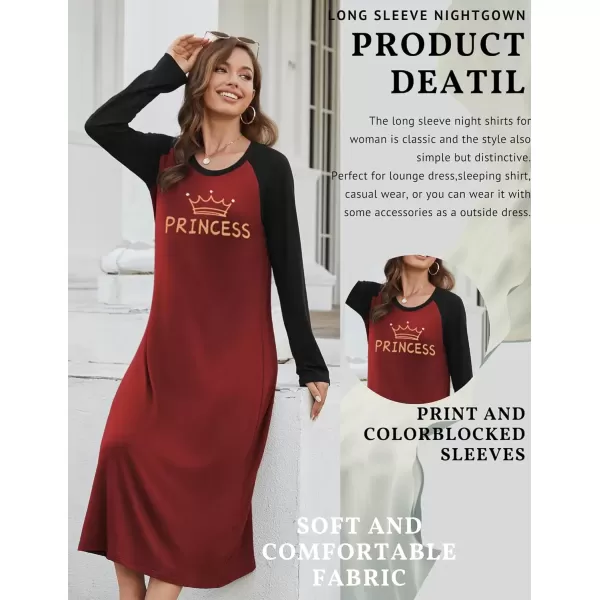 imageEkouaer Nightgown Long Sleeve Womens Nightgown Sleep Shirts for Women Night Dress Nightgowns for Woman Soft Sleepwear SXXLWine Red Princess