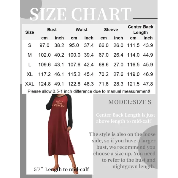 imageEkouaer Nightgown Long Sleeve Womens Nightgown Sleep Shirts for Women Night Dress Nightgowns for Woman Soft Sleepwear SXXLWine Red Princess