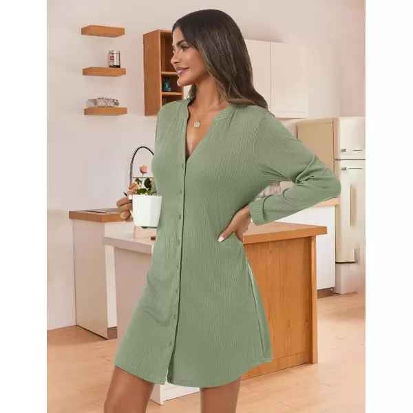 imageEkouaer Nightgowns for Women Button Down Night Shirt Long Sleeve Ribbed Knit VNeck Sleepwear Pajama DressArmy Green