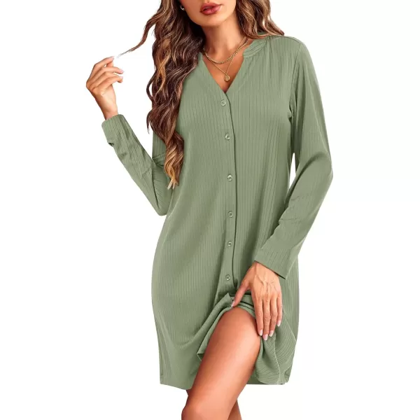 imageEkouaer Nightgowns for Women Button Down Night Shirt Long Sleeve Ribbed Knit VNeck Sleepwear Pajama DressArmy Green