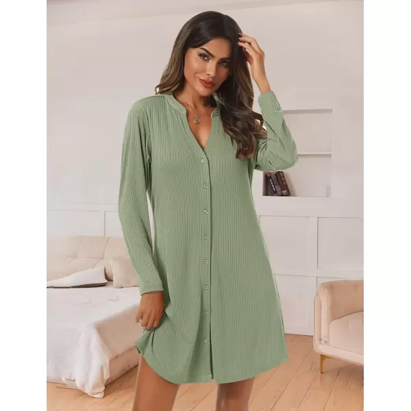 imageEkouaer Nightgowns for Women Button Down Night Shirt Long Sleeve Ribbed Knit VNeck Sleepwear Pajama DressArmy Green