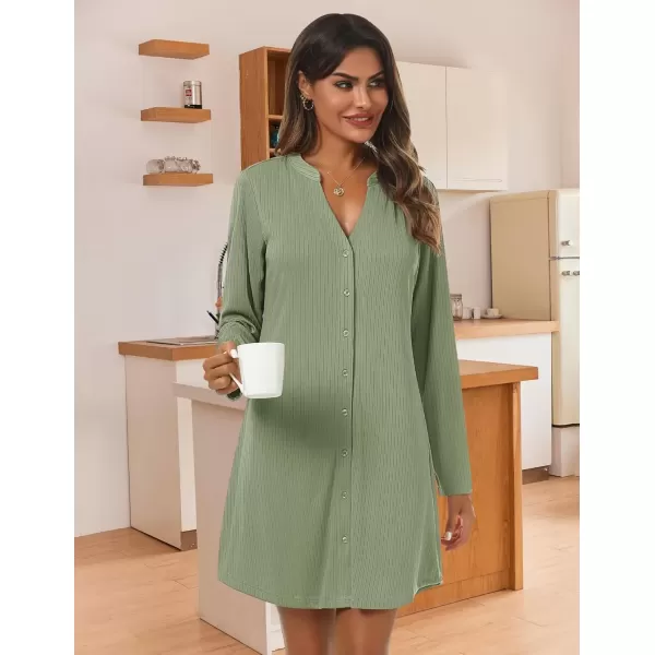 imageEkouaer Nightgowns for Women Button Down Night Shirt Long Sleeve Ribbed Knit VNeck Sleepwear Pajama DressArmy Green