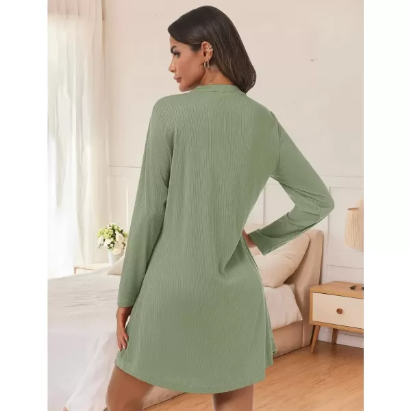 imageEkouaer Nightgowns for Women Button Down Night Shirt Long Sleeve Ribbed Knit VNeck Sleepwear Pajama DressArmy Green