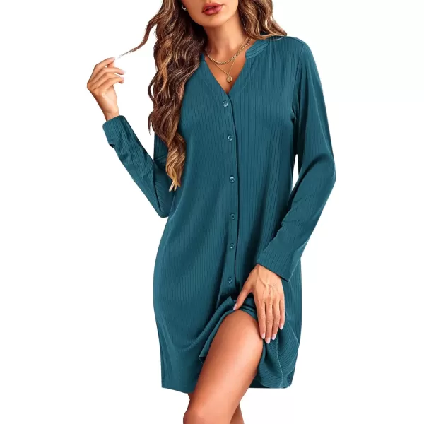 imageEkouaer Nightgowns for Women Button Down Night Shirt Long Sleeve Ribbed Knit VNeck Sleepwear Pajama DressBlue Green