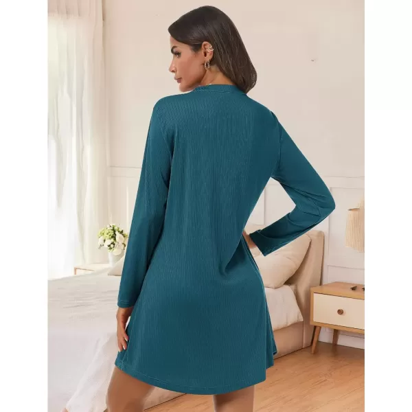 imageEkouaer Nightgowns for Women Button Down Night Shirt Long Sleeve Ribbed Knit VNeck Sleepwear Pajama DressBlue Green