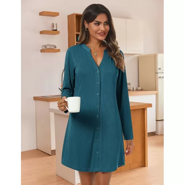 imageEkouaer Nightgowns for Women Button Down Night Shirt Long Sleeve Ribbed Knit VNeck Sleepwear Pajama DressBlue Green