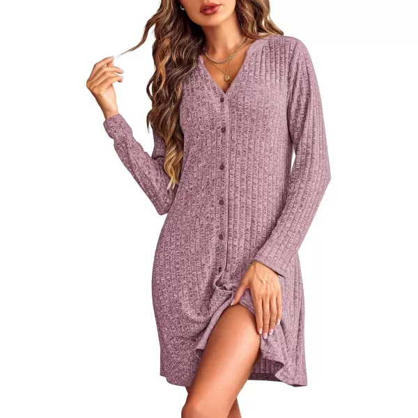 imageEkouaer Nightgowns for Women Button Down Night Shirt Long Sleeve Ribbed Knit VNeck Sleepwear Pajama DressBurgundy