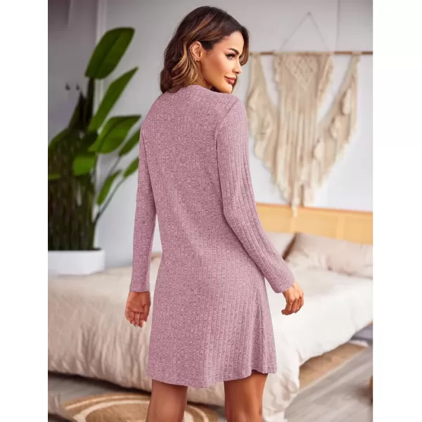 imageEkouaer Nightgowns for Women Button Down Night Shirt Long Sleeve Ribbed Knit VNeck Sleepwear Pajama DressBurgundy