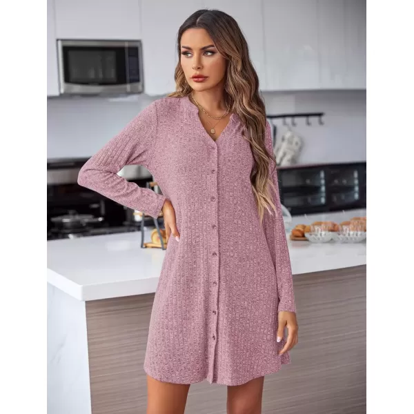 imageEkouaer Nightgowns for Women Button Down Night Shirt Long Sleeve Ribbed Knit VNeck Sleepwear Pajama DressBurgundy