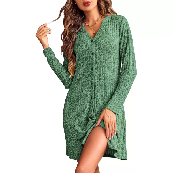 imageEkouaer Nightgowns for Women Button Down Night Shirt Long Sleeve Ribbed Knit VNeck Sleepwear Pajama DressDark Green