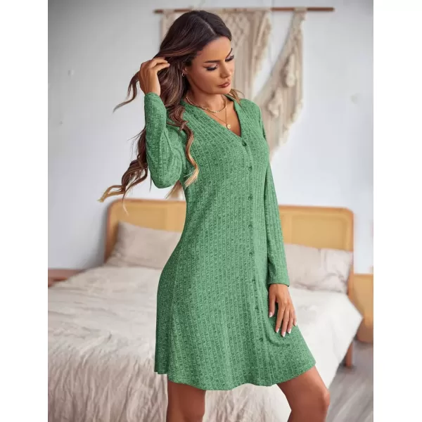 imageEkouaer Nightgowns for Women Button Down Night Shirt Long Sleeve Ribbed Knit VNeck Sleepwear Pajama DressDark Green