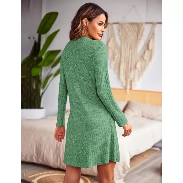 imageEkouaer Nightgowns for Women Button Down Night Shirt Long Sleeve Ribbed Knit VNeck Sleepwear Pajama DressDark Green