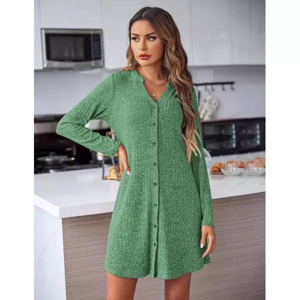 imageEkouaer Nightgowns for Women Button Down Night Shirt Long Sleeve Ribbed Knit VNeck Sleepwear Pajama DressDark Green