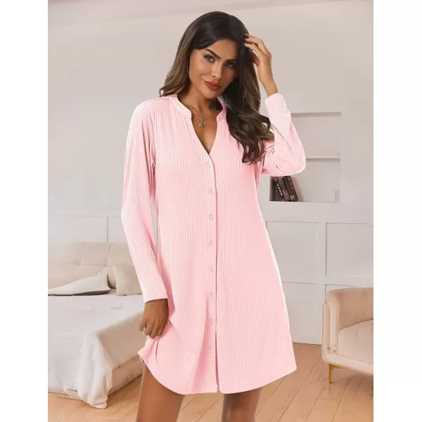 imageEkouaer Nightgowns for Women Button Down Night Shirt Long Sleeve Ribbed Knit VNeck Sleepwear Pajama DressPink