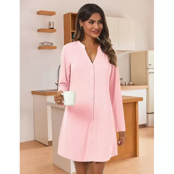 imageEkouaer Nightgowns for Women Button Down Night Shirt Long Sleeve Ribbed Knit VNeck Sleepwear Pajama DressPink