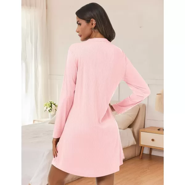 imageEkouaer Nightgowns for Women Button Down Night Shirt Long Sleeve Ribbed Knit VNeck Sleepwear Pajama DressPink