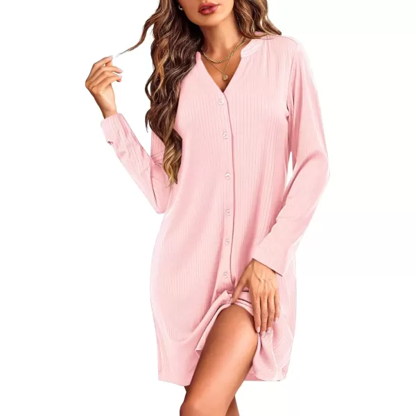 imageEkouaer Nightgowns for Women Button Down Night Shirt Long Sleeve Ribbed Knit VNeck Sleepwear Pajama DressPink