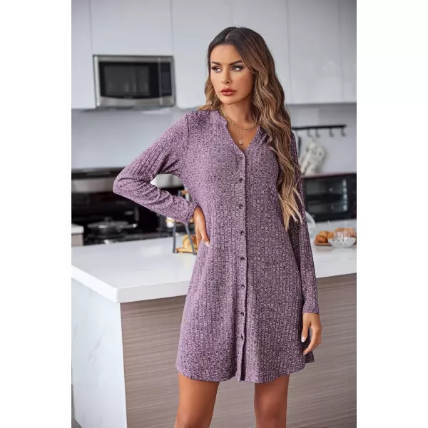 imageEkouaer Nightgowns for Women Button Down Night Shirt Long Sleeve Ribbed Knit VNeck Sleepwear Pajama DressPurple