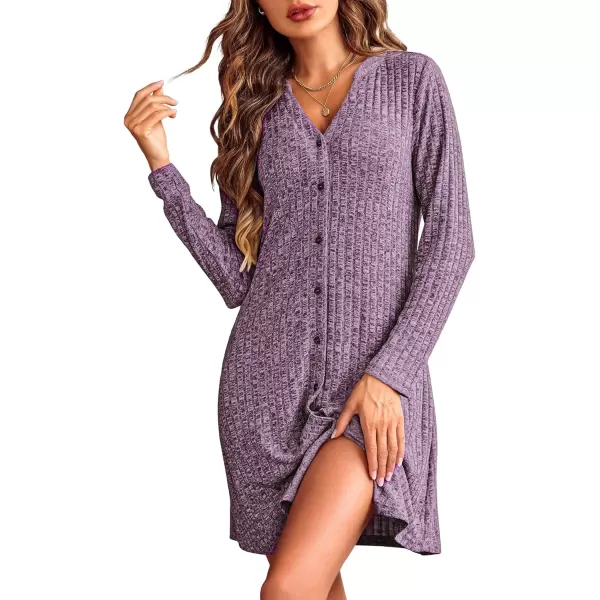 imageEkouaer Nightgowns for Women Button Down Night Shirt Long Sleeve Ribbed Knit VNeck Sleepwear Pajama DressPurple