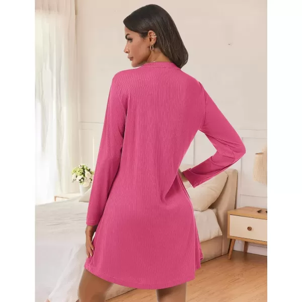 imageEkouaer Nightgowns for Women Button Down Night Shirt Long Sleeve Ribbed Knit VNeck Sleepwear Pajama DressRose Red