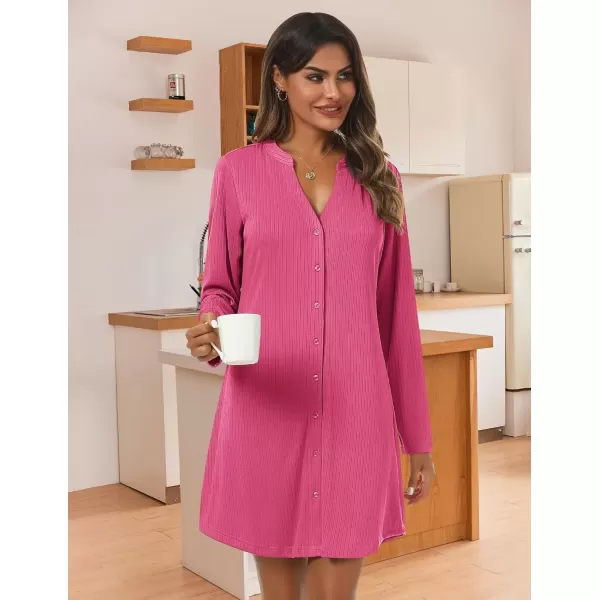 imageEkouaer Nightgowns for Women Button Down Night Shirt Long Sleeve Ribbed Knit VNeck Sleepwear Pajama DressRose Red