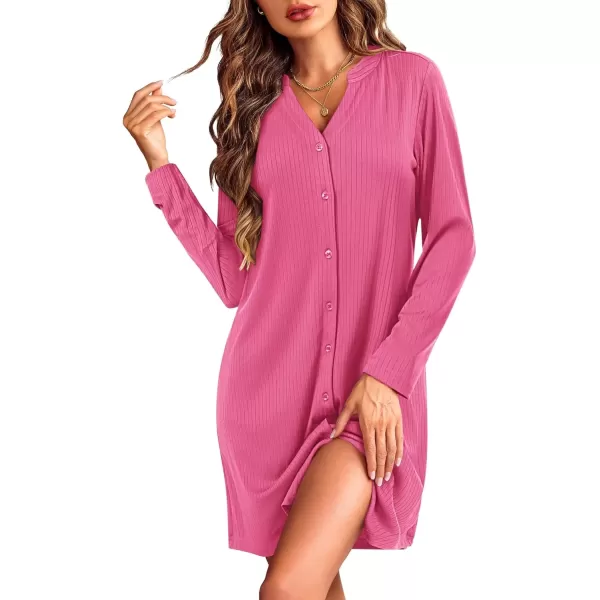 imageEkouaer Nightgowns for Women Button Down Night Shirt Long Sleeve Ribbed Knit VNeck Sleepwear Pajama DressRose Red