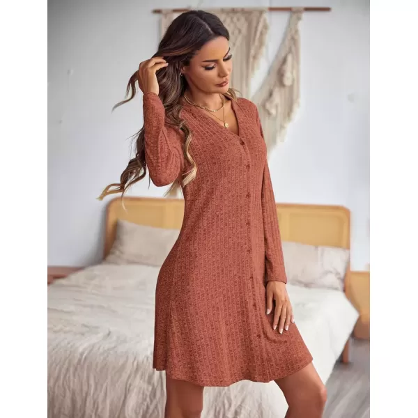 imageEkouaer Nightgowns for Women Button Down Night Shirt Long Sleeve Ribbed Knit VNeck Sleepwear Pajama DressRust Brown