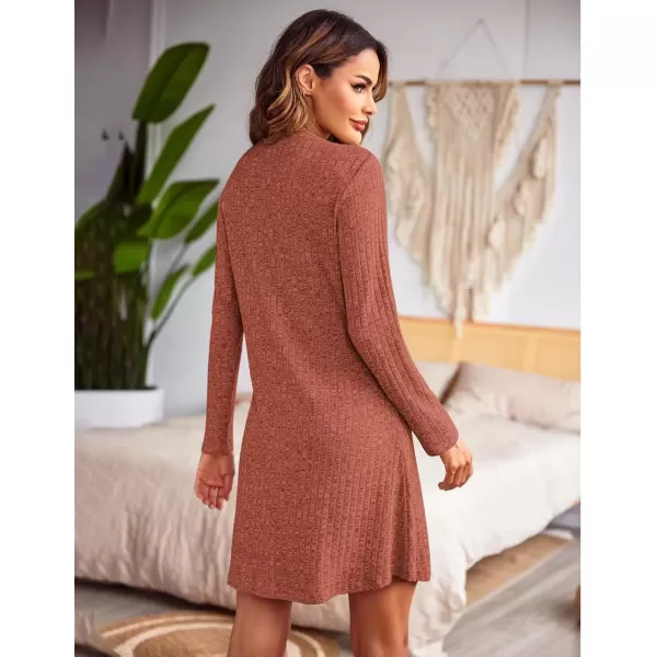 imageEkouaer Nightgowns for Women Button Down Night Shirt Long Sleeve Ribbed Knit VNeck Sleepwear Pajama DressRust Brown