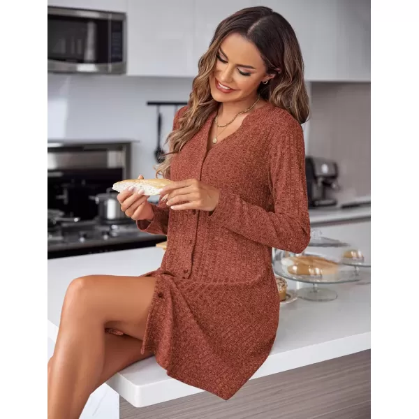 imageEkouaer Nightgowns for Women Button Down Night Shirt Long Sleeve Ribbed Knit VNeck Sleepwear Pajama DressRust Brown
