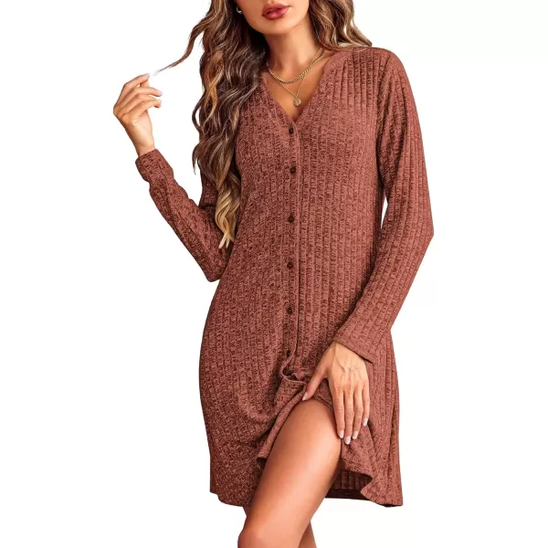 imageEkouaer Nightgowns for Women Button Down Night Shirt Long Sleeve Ribbed Knit VNeck Sleepwear Pajama DressRust Brown