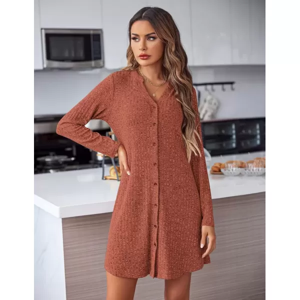 imageEkouaer Nightgowns for Women Button Down Night Shirt Long Sleeve Ribbed Knit VNeck Sleepwear Pajama DressRust Brown