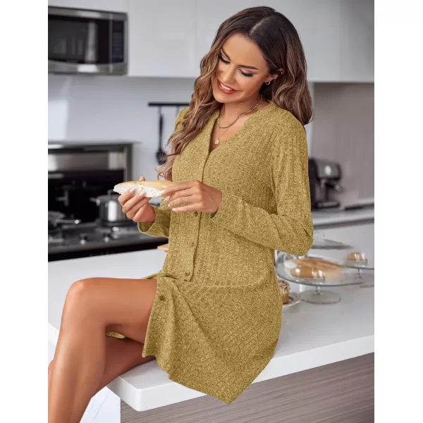 imageEkouaer Nightgowns for Women Button Down Night Shirt Long Sleeve Ribbed Knit VNeck Sleepwear Pajama DressYellow