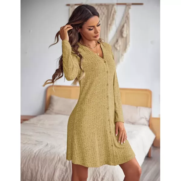 imageEkouaer Nightgowns for Women Button Down Night Shirt Long Sleeve Ribbed Knit VNeck Sleepwear Pajama DressYellow