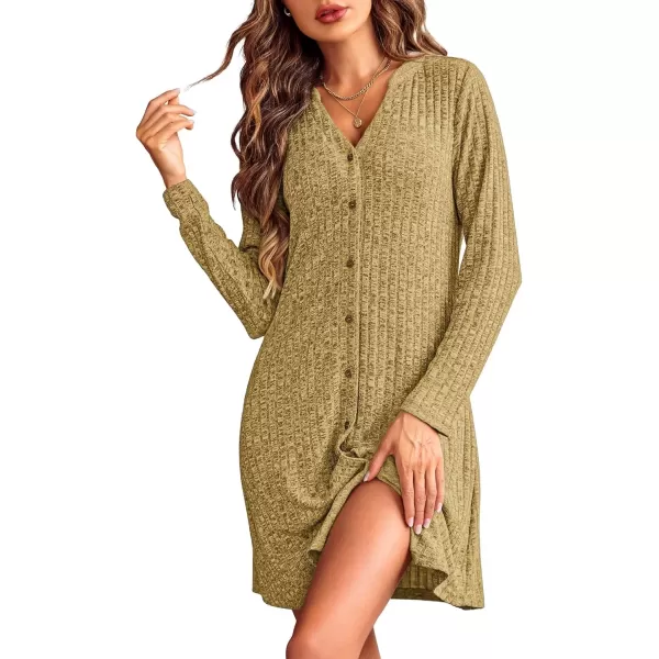 imageEkouaer Nightgowns for Women Button Down Night Shirt Long Sleeve Ribbed Knit VNeck Sleepwear Pajama DressYellow