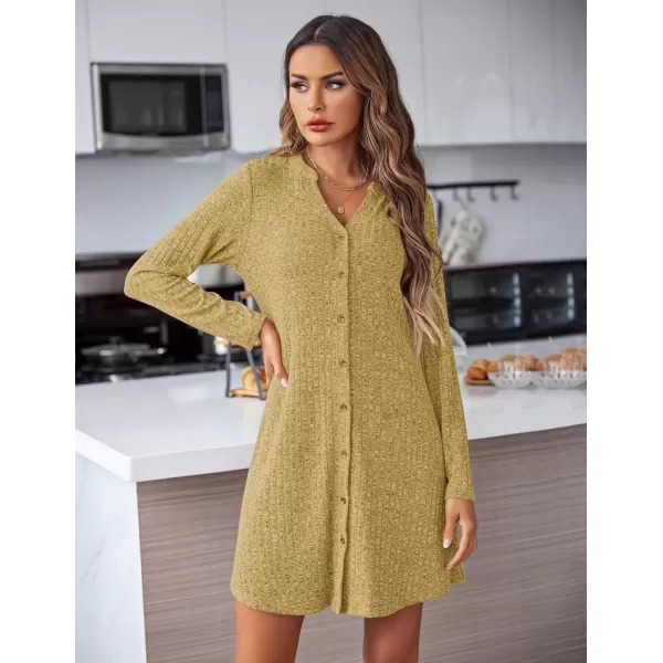imageEkouaer Nightgowns for Women Button Down Night Shirt Long Sleeve Ribbed Knit VNeck Sleepwear Pajama DressYellow