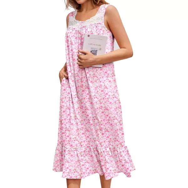 imageEkouaer Nightgowns for Women Sleeveless Night Gown Victorian Sleep Shirt with Pockets Ladies Pajamas Lace Trim SleepwearPink Flowers