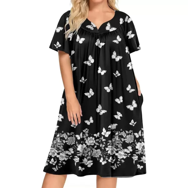 imageEkouaer Plus Womens Plus Size Mumu Dress Short Sleeve House Dress Momo Sleepdress with PocketsBlack Print