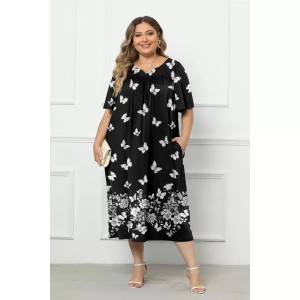 imageEkouaer Plus Womens Plus Size Mumu Dress Short Sleeve House Dress Momo Sleepdress with PocketsBlack Print