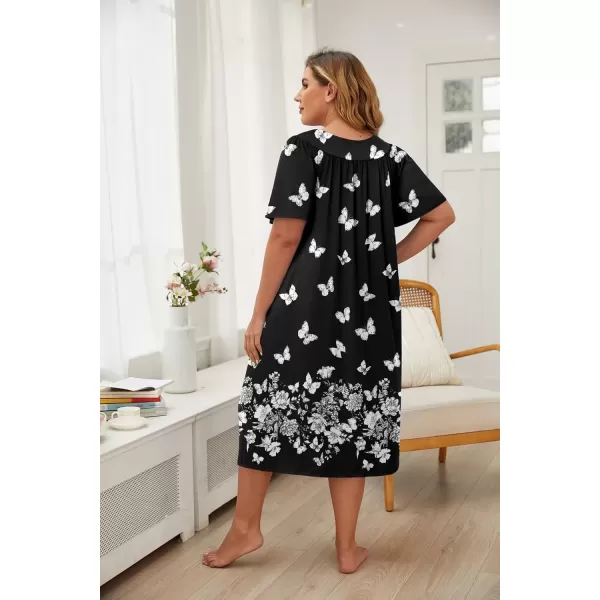 imageEkouaer Plus Womens Plus Size Mumu Dress Short Sleeve House Dress Momo Sleepdress with PocketsBlack Print