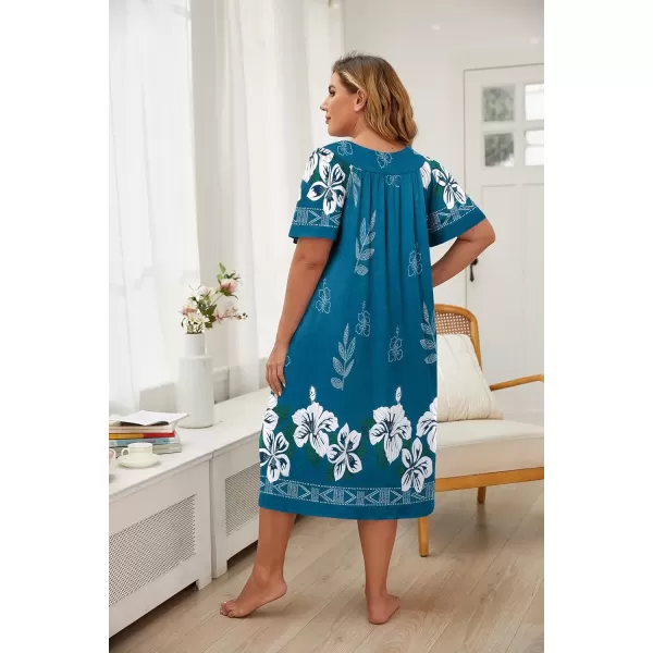 imageEkouaer Plus Womens Plus Size Mumu Dress Short Sleeve House Dress Momo Sleepdress with PocketsBlue Flower