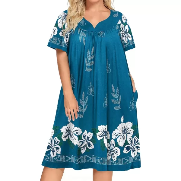 imageEkouaer Plus Womens Plus Size Mumu Dress Short Sleeve House Dress Momo Sleepdress with PocketsBlue Flower