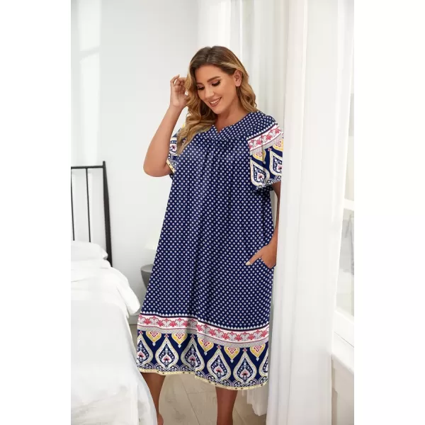 imageEkouaer Plus Womens Plus Size Mumu Dress Short Sleeve House Dress Momo Sleepdress with PocketsBlue Print