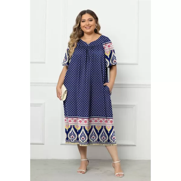 imageEkouaer Plus Womens Plus Size Mumu Dress Short Sleeve House Dress Momo Sleepdress with PocketsBlue Print