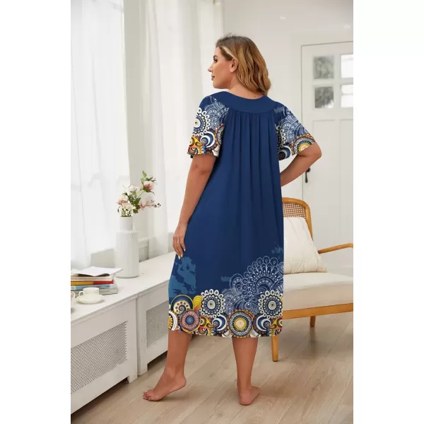 imageEkouaer Plus Womens Plus Size Mumu Dress Short Sleeve House Dress Momo Sleepdress with PocketsDark Blue Print