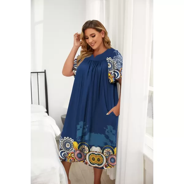 imageEkouaer Plus Womens Plus Size Mumu Dress Short Sleeve House Dress Momo Sleepdress with PocketsDark Blue Print