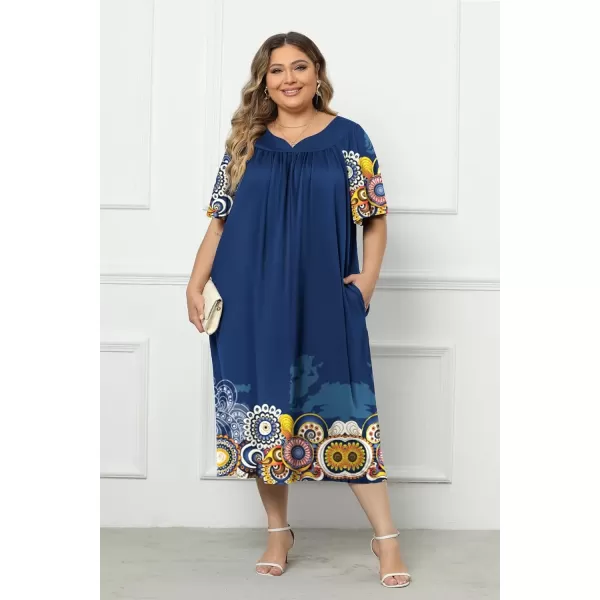 imageEkouaer Plus Womens Plus Size Mumu Dress Short Sleeve House Dress Momo Sleepdress with PocketsDark Blue Print