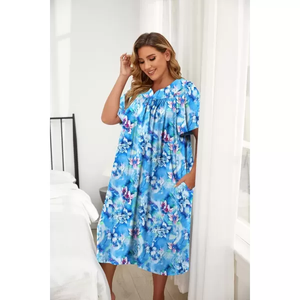 imageEkouaer Plus Womens Plus Size Mumu Dress Short Sleeve House Dress Momo Sleepdress with PocketsLight Blue Print