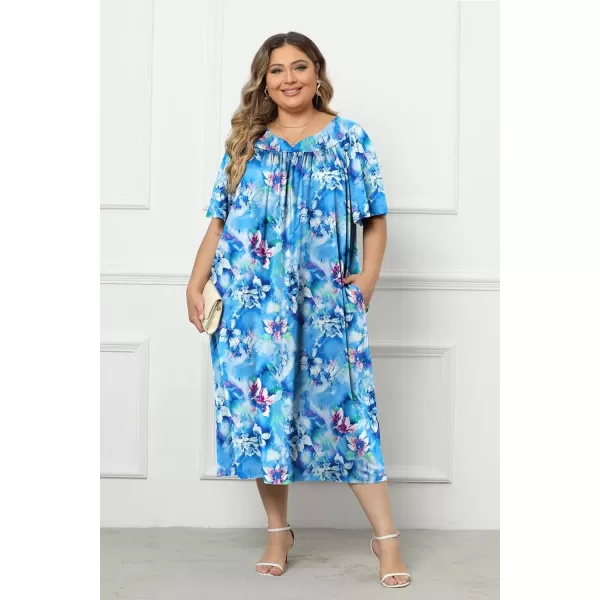 imageEkouaer Plus Womens Plus Size Mumu Dress Short Sleeve House Dress Momo Sleepdress with PocketsLight Blue Print