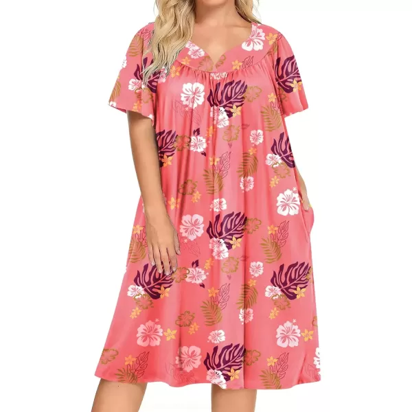 imageEkouaer Plus Womens Plus Size Mumu Dress Short Sleeve House Dress Momo Sleepdress with PocketsPink Print