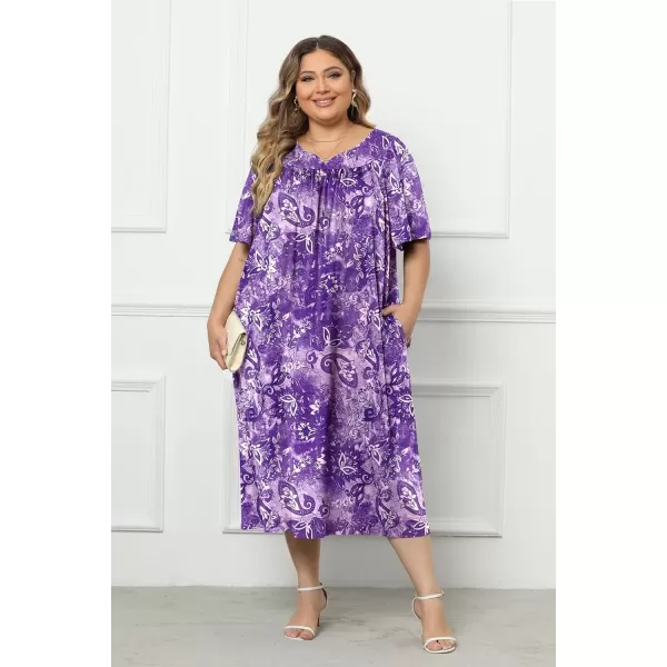 imageEkouaer Plus Womens Plus Size Mumu Dress Short Sleeve House Dress Momo Sleepdress with PocketsPurple Print